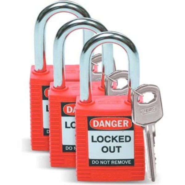 Brady BradyÂ Lockout Padlock, Keyed Alike, 1-1/2", Plastic Covered Steel, Red, 3/Pack 105886